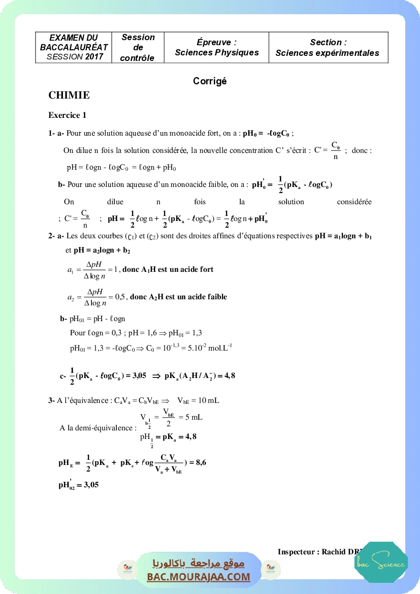 Corrigé controle physique Bac 2017 – Section science